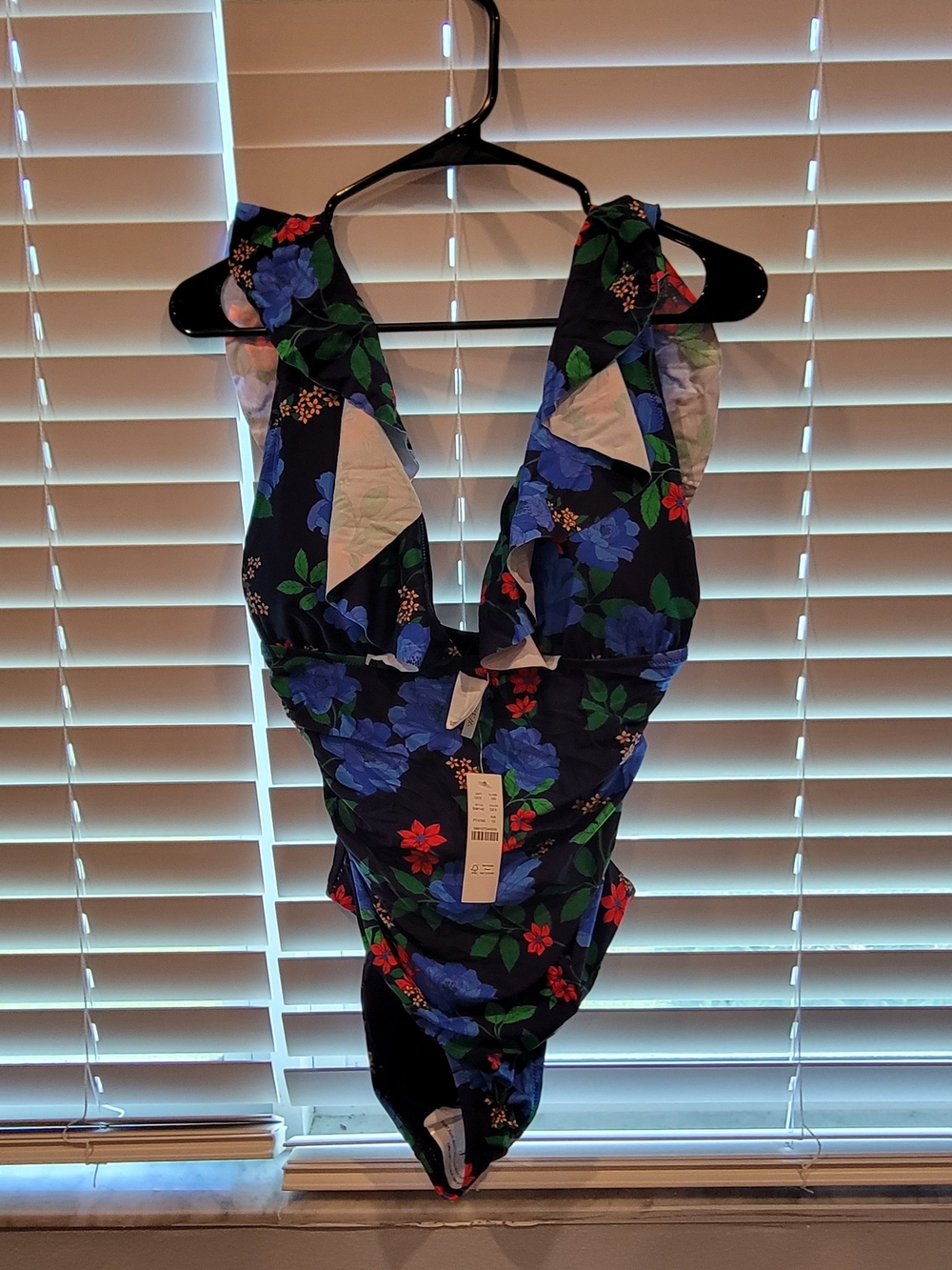 J. Crew Navy Floral Ruffle V-Neck One-Piece Swimsuit